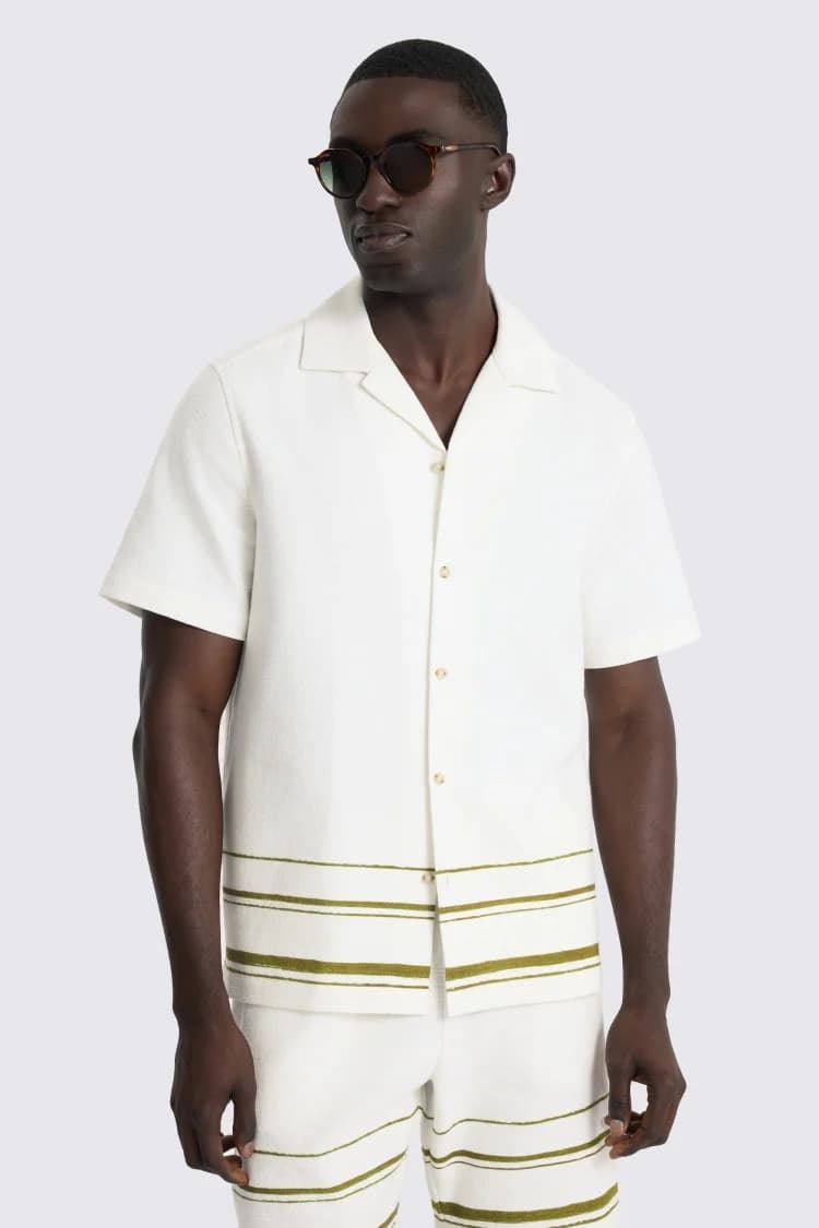 Olive Stripe Cotton Cuban Collar Shirt