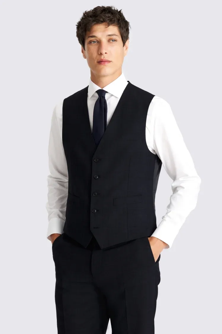 Regular Half Canvas Fit Navy Check Waistcoat